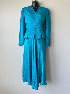 Vintage Adrianna Papell Silk Turquoise Floral Jacquard Silk Skirt Suit Set 4P